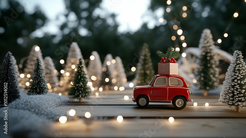 Festive Red Car Carrying Christmas Gifts Surrounded by Snowy Trees and Holiday Lights photo