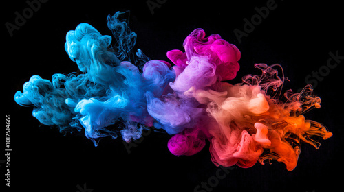 A colorful abstract cloud. Colored watercolor ink mixes with each other in the air on a black background. Multicolored clouds of smoke with blue, pink and orange swirls. An element for the design