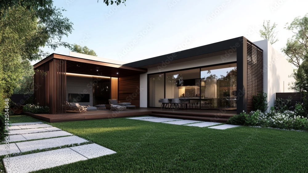 Modern House with Large Windows and a Wooden Deck Modern House with Large Windows and a Wooden Deck