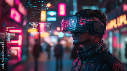 Shopper Wearing VR Goggles in Vibrant Digital Landscape