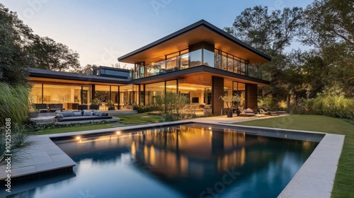Modern House with Swimming Pool and Patio at Dusk