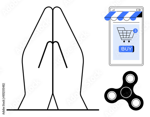 Two hands in a prayer position next to a smartphone with a shopping cart icon and a fidget spinner. Ideal for online shopping, mindfulness, stress relief, modern lifestyle, e-commerce. Simple