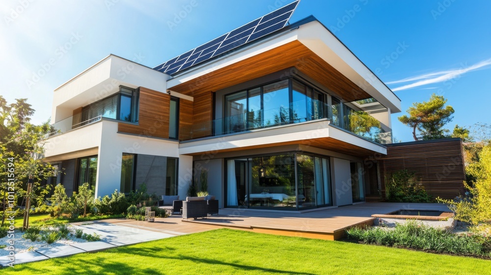 Modern House with Solar Panels and Lush Landscaping Modern House with Solar Panels and Lush Landscaping