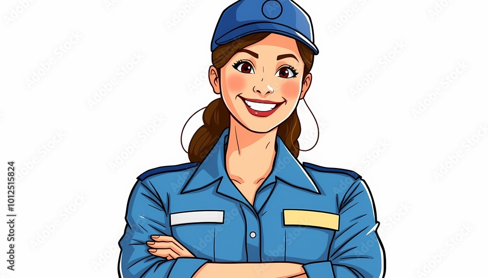 Confident Female Security Guard in Blue Uniform Confident Female Security Guard in Blue Uniform