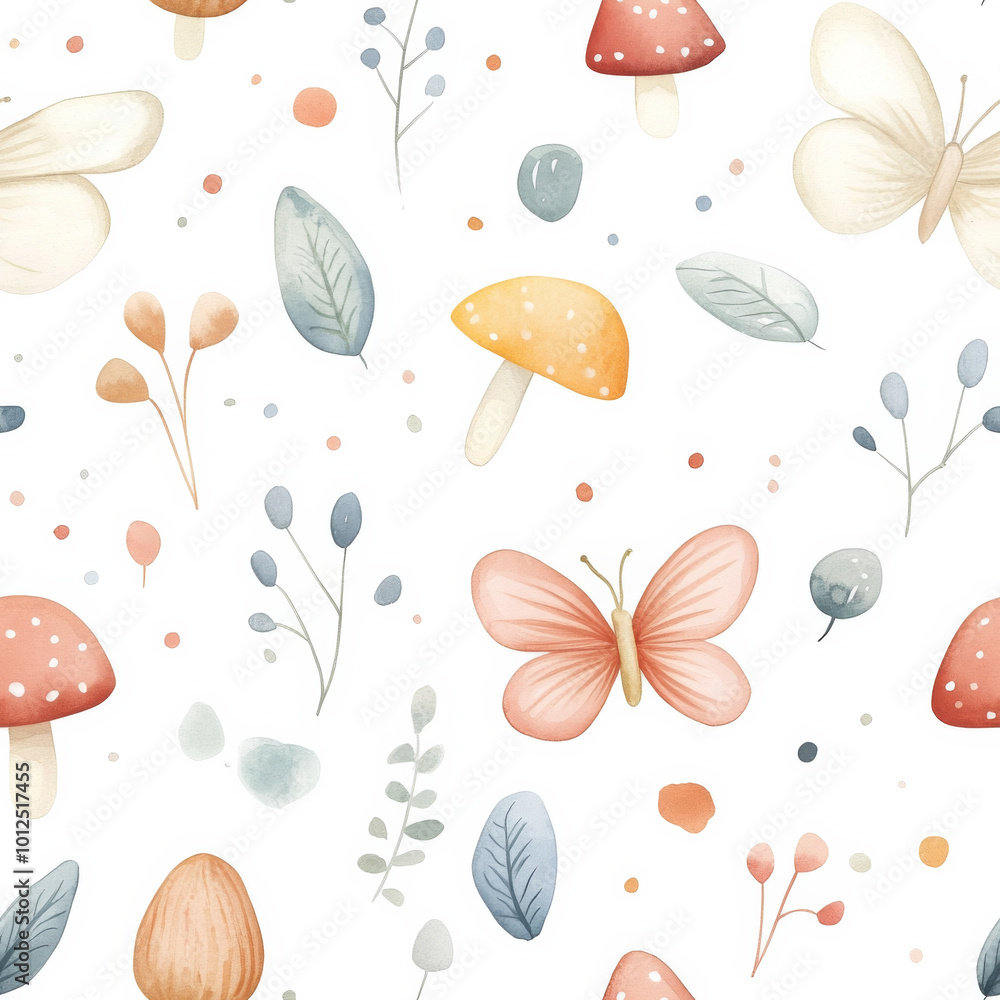 Seamless woodland pattern with mushrooms, butterflies, and leaves. Perfect for nature-inspired designs and children's decor. Seamless woodland pattern with mushrooms, butterflies, and leaves. Perfect for nature-inspired designs and children's decor.