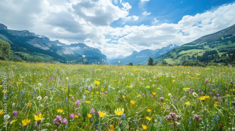 Wildflower Meadow Surrounded by Majestic Mountains