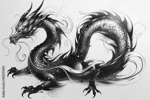 Fiery Ink: White Background Dragon Tattoo Design Illustration photo