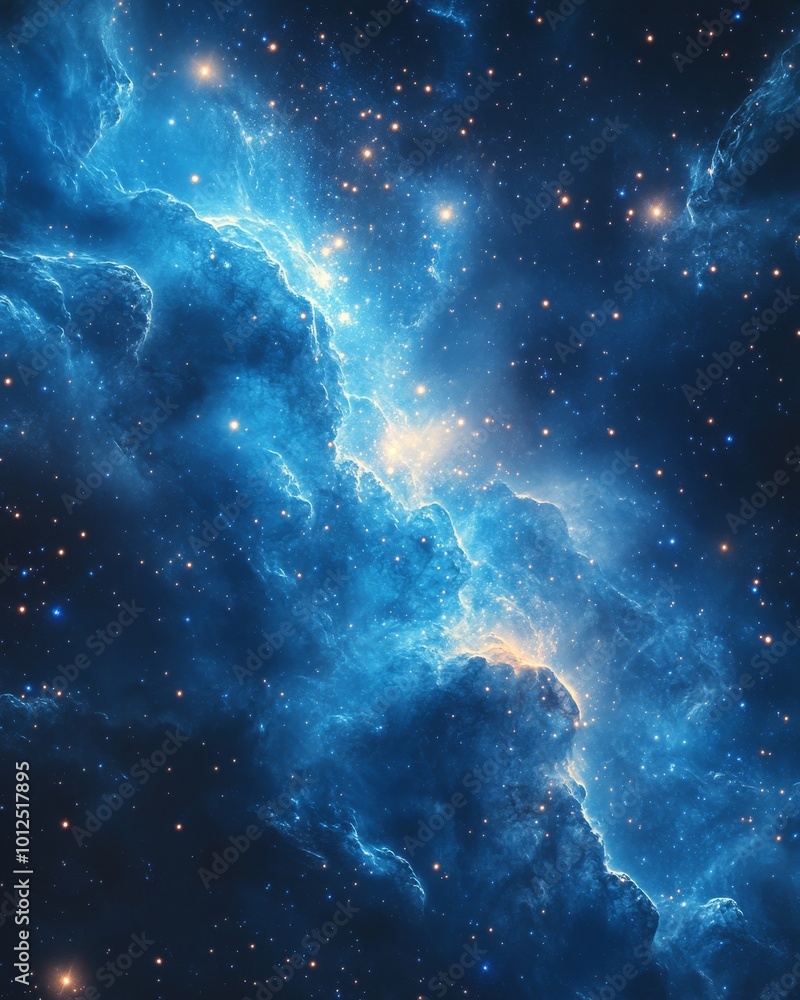 Fototapeta premium Glistening cosmic nebula with vibrant blue hues and twinkling stars in the vast universe.