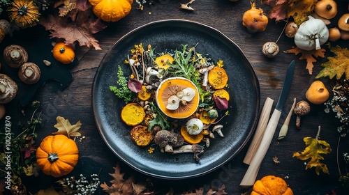 A beautifully arranged autumn tasting menu with ingredients like mushrooms and squash presented on a refined fine dining table