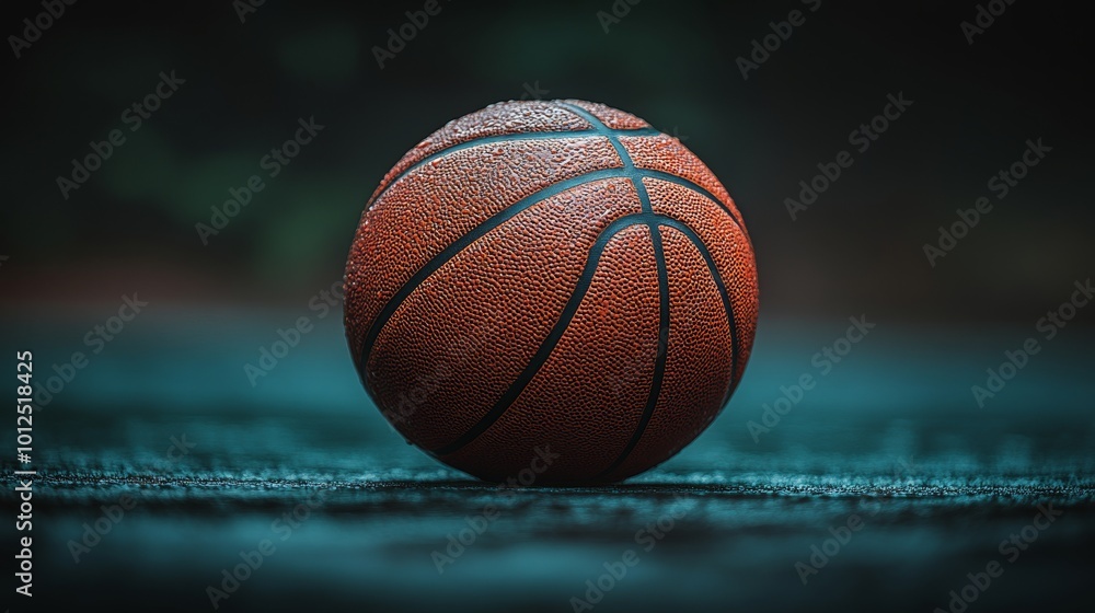 Close-up of a basketball on a dimly lit court, showcasing its textured surface. Close-up of a basketball on a dimly lit court, showcasing its textured surface.
