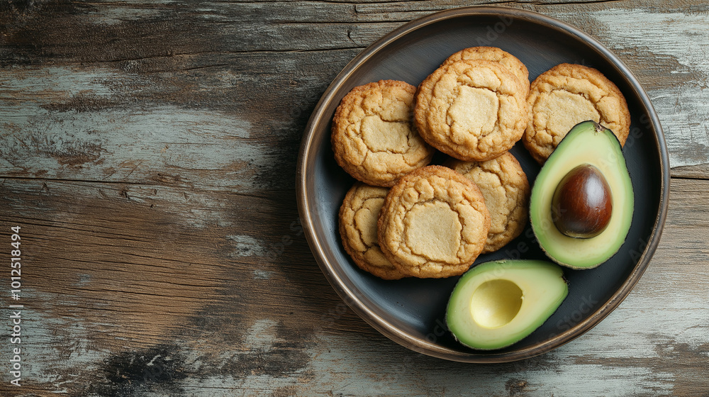 avocado as a butter alternative: a clean, minimalist photograph of cookies, arranged on a simple wooden plate with a whole and half-cut avocado nearby avocado as a butter alternative: a clean, minimalist photograph of cookies, arranged on a simple wooden plate with a whole and half-cut avocado nearby