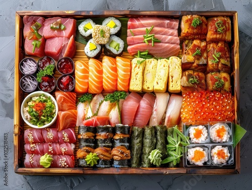 Vibrant sushi platter with traditional rolls photo