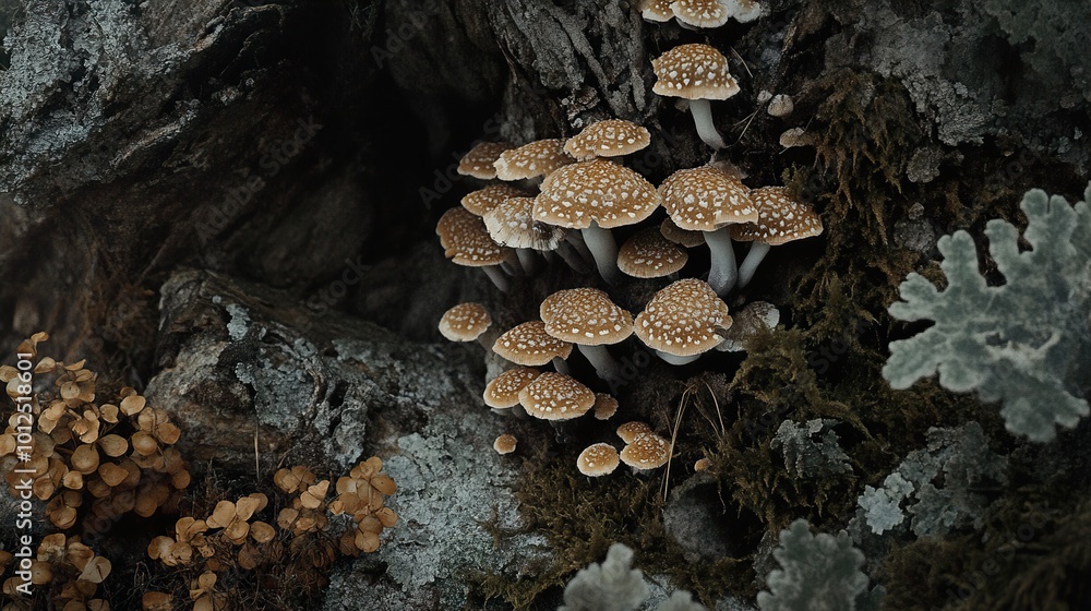 Close Up of Mushrooms Growing on a Tree Trunk in the Forest Close Up of Mushrooms Growing on a Tree Trunk in the Forest