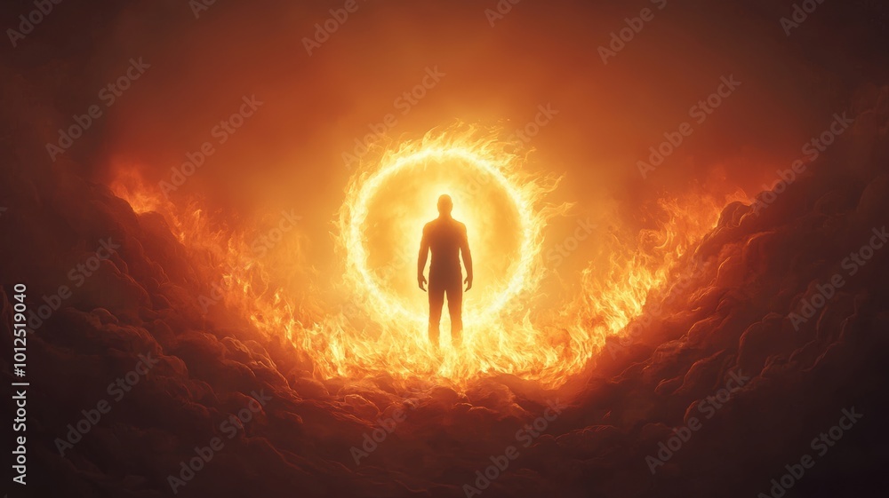 Fototapeta premium Person standing in fiery glow, surrounded by orange flames
