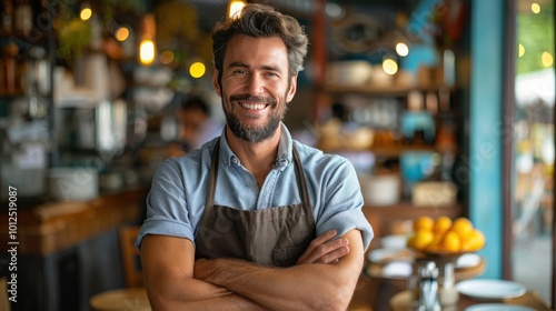 Successful Restaurant Owner Beaming with Pride as Crowded Dining Room Shows Happy Customers