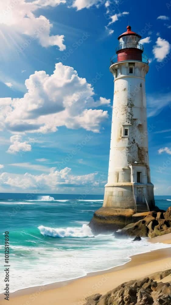 A tall lighthouse stands by the ocean, guiding ships under a bright blue sky with clouds. A tall lighthouse stands by the ocean, guiding ships under a bright blue sky with clouds.