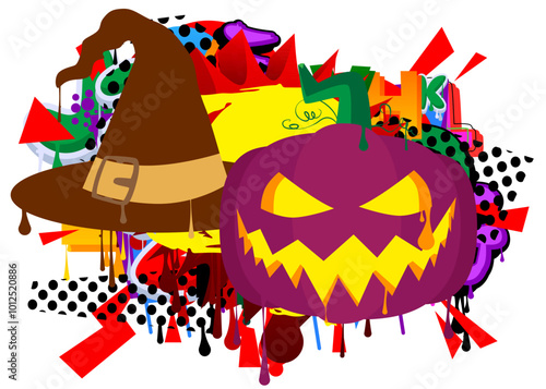 Witch's Hat and Jack O' Lantern  Graffiti tag. Abstract modern street art decoration performed in urban painting style.