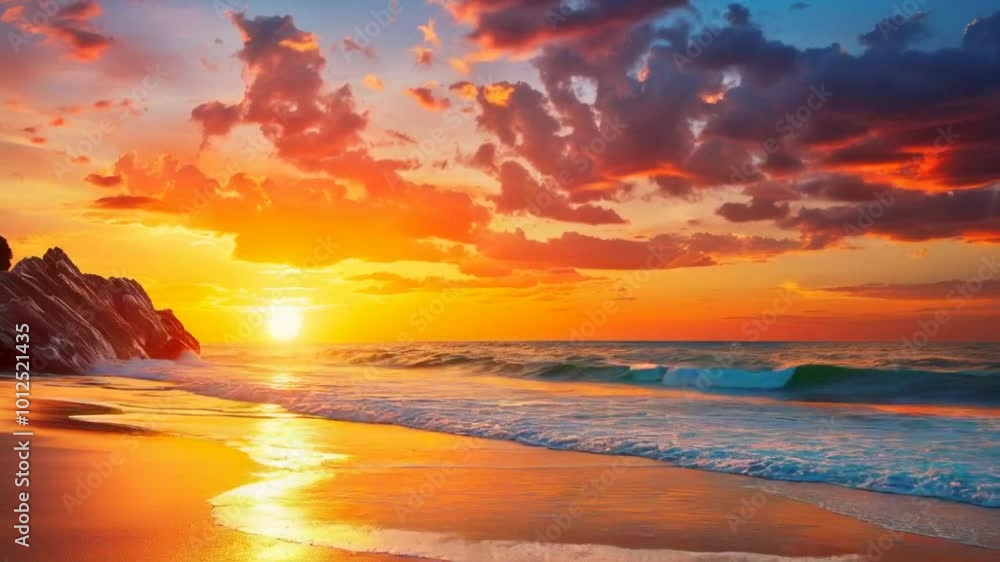 A vibrant sunset over the ocean, reflecting colorful clouds on calm waters.