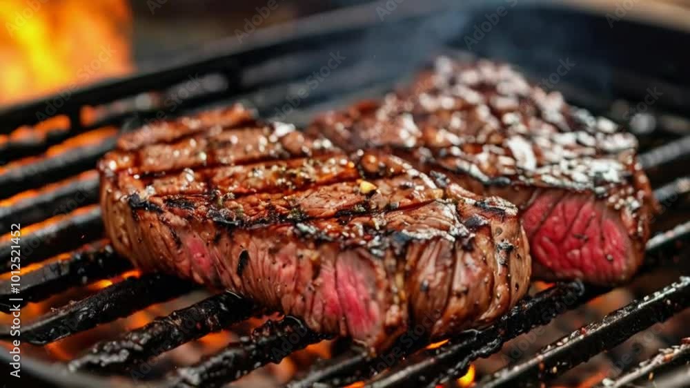 A perfectly grilled steak with char marks, showcasing juicy texture and smoky flavor. A perfectly grilled steak with char marks, showcasing juicy texture and smoky flavor.