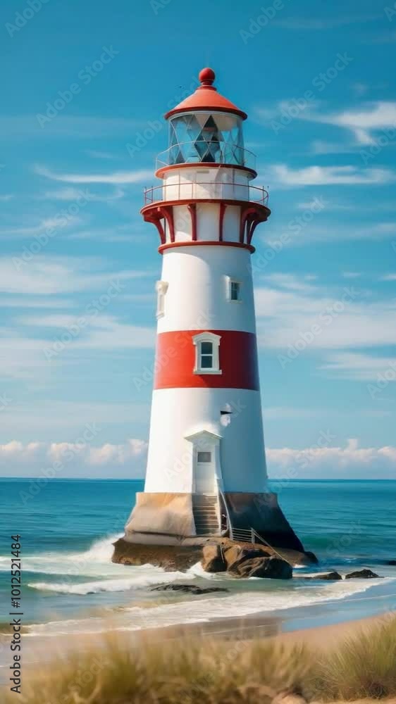 A scenic lighthouse by the ocean, guiding ships with its bright colors and strong structure. A scenic lighthouse by the ocean, guiding ships with its bright colors and strong structure.