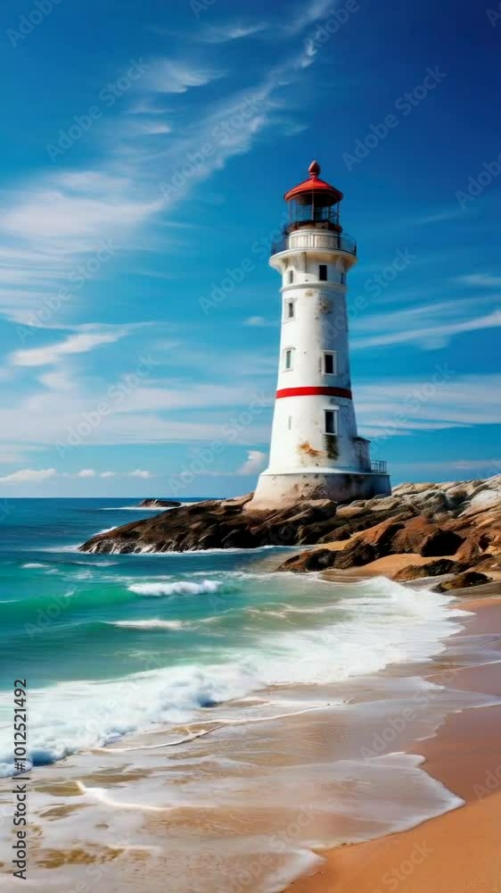 A scenic lighthouse on a rocky shore, guiding ships against a backdrop of ocean waves. A scenic lighthouse on a rocky shore, guiding ships against a backdrop of ocean waves.