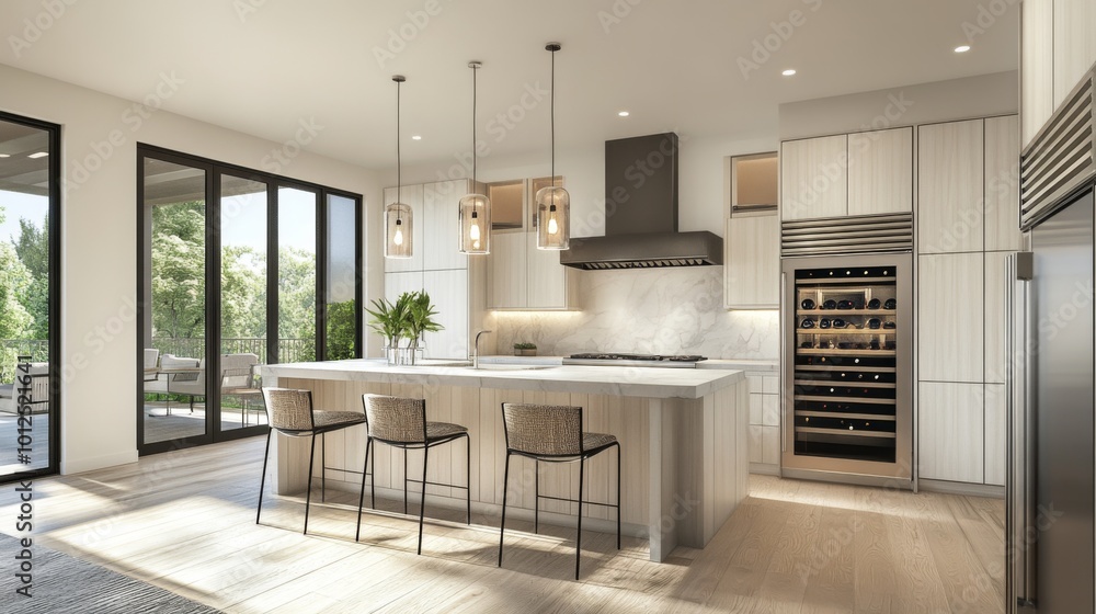 Fototapeta premium Modern kitchen with island, bar stools, and a wine fridge