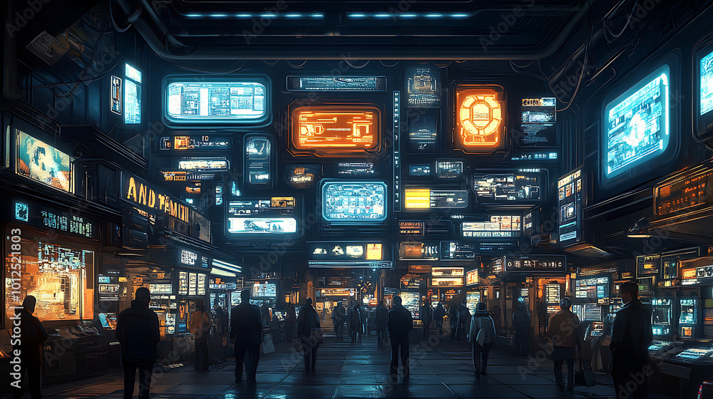 Bustling Cyberpunk Digital Marketplace Scene Bustling Cyberpunk Digital Marketplace Scene