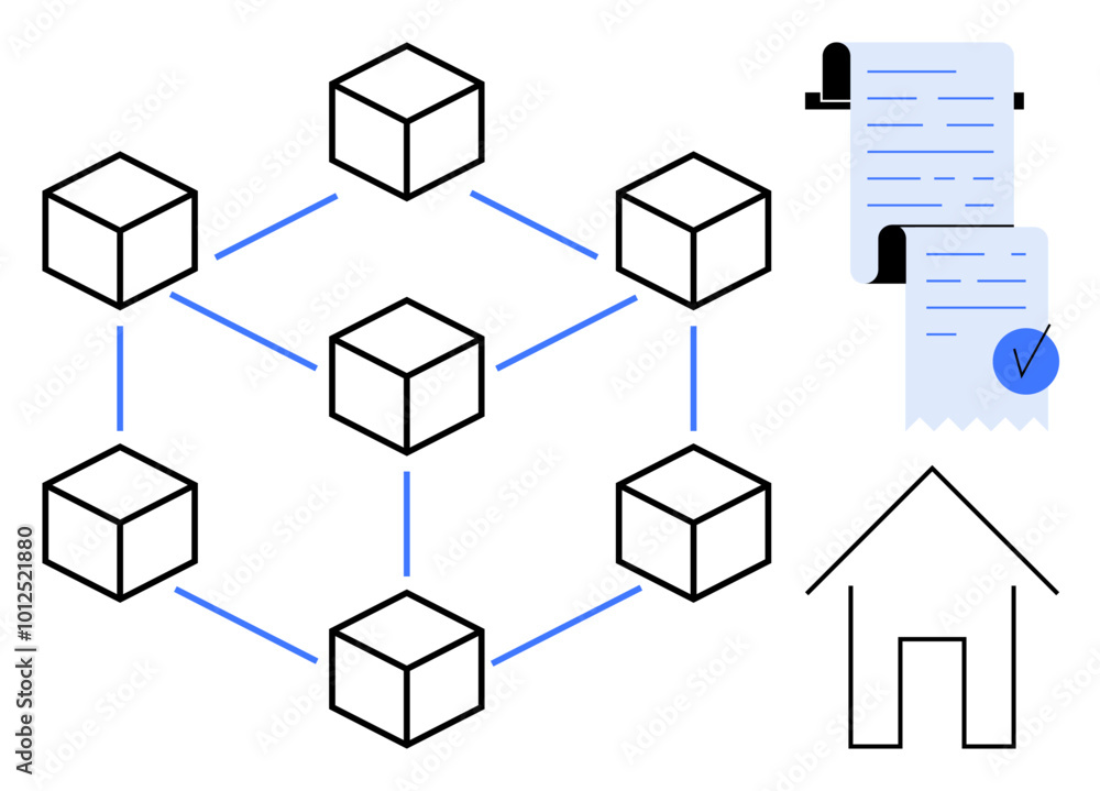 Geometric blockchain network connected by blue lines alongside documents and a simple house outline. Ideal for blockchain, technology, real estate, digital documentation, and future tech Geometric blockchain network connected by blue lines alongside documents and a simple house outline. Ideal for blockchain, technology, real estate, digital documentation, and future tech