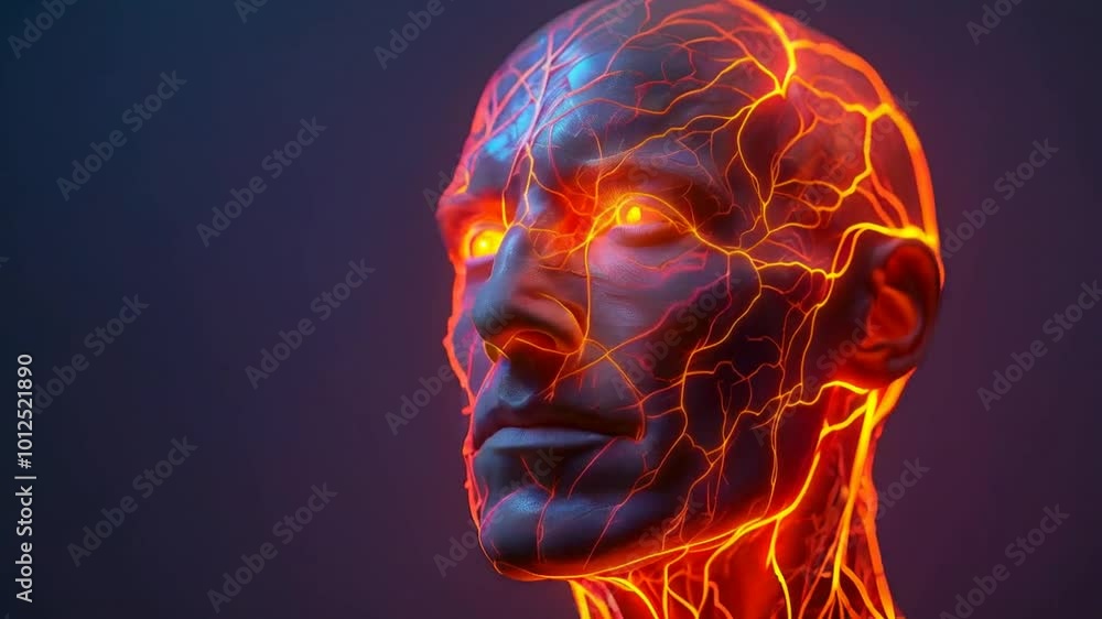 A stylized human head with glowing veins, representing energy and neural connections. A stylized human head with glowing veins, representing energy and neural connections.