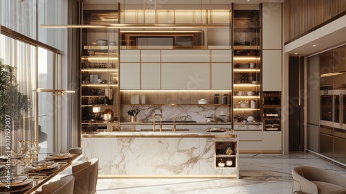 Modern Kitchen with Marble Island and Gold Accents