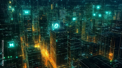 A nighttime cityscape featuring a network hologram