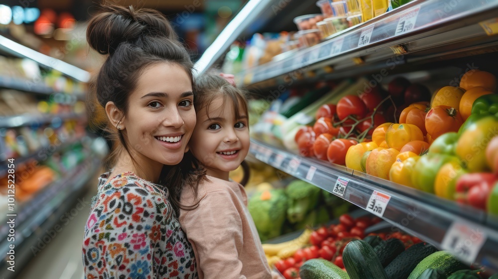 Shopping with Smiles: A Young Mother and Daughter Enjoying Time Together in the Supermarket