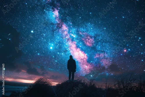 Contemplating the Universe: Man Gazing at Night Sky in Search of Faith