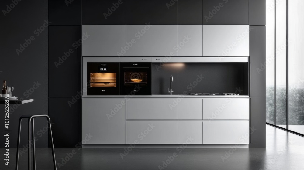 Fototapeta premium Modern Kitchen with Built-in Ovens, Sink, and Stovetop