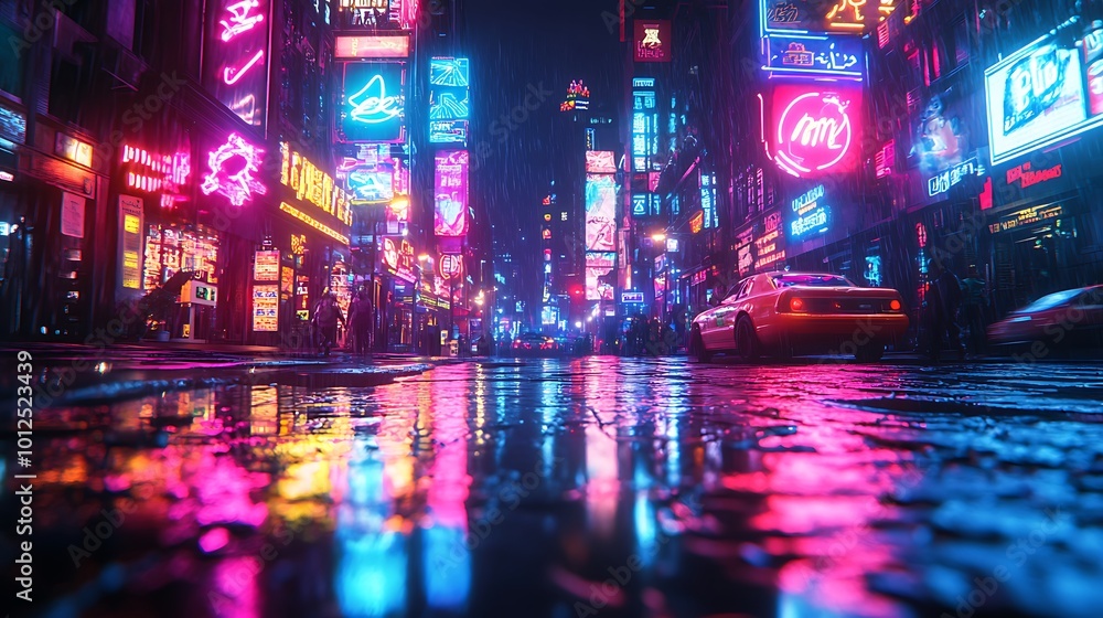 Bright neon city at night with vivid reflections from rain covered streets Bright neon city at night with vivid reflections from rain covered streets