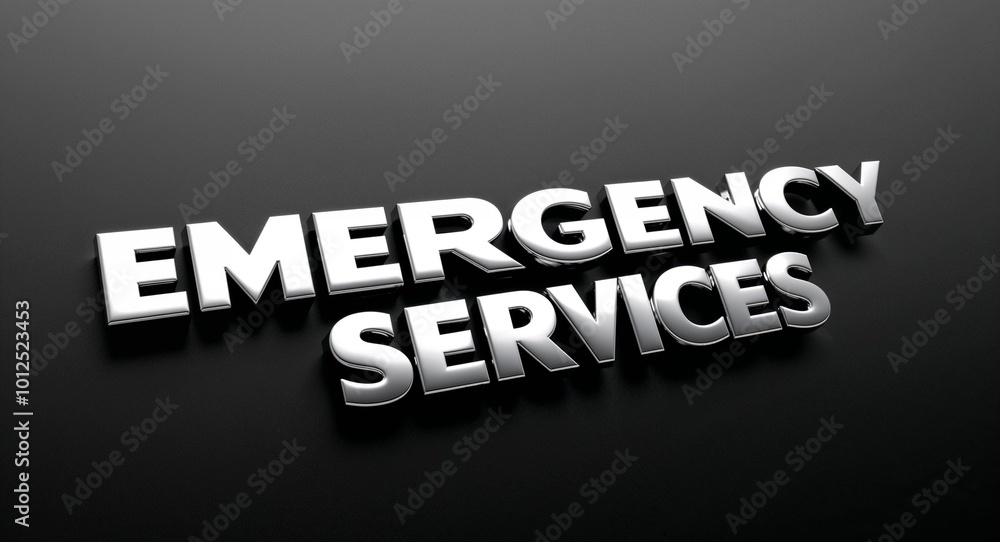 Emergency Services silver shining shiny solid metallic lettering on plain black background Emergency Services silver shining shiny solid metallic lettering on plain black background