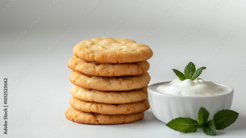 greek yogurt as a butter alternative: a clean, minimalist photograph of a stack of rustic cookies displayed from the front, accompanied by a small bowl of greek yogurt and a sprig of mint on the side