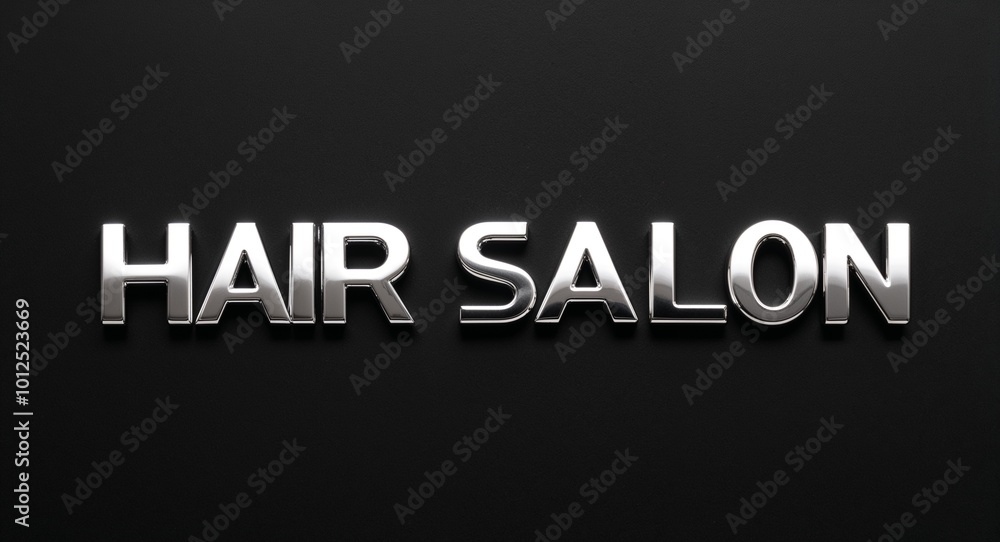 Fototapeta premium Hair salon silver shining shiny solid metallic lettering on plain black background