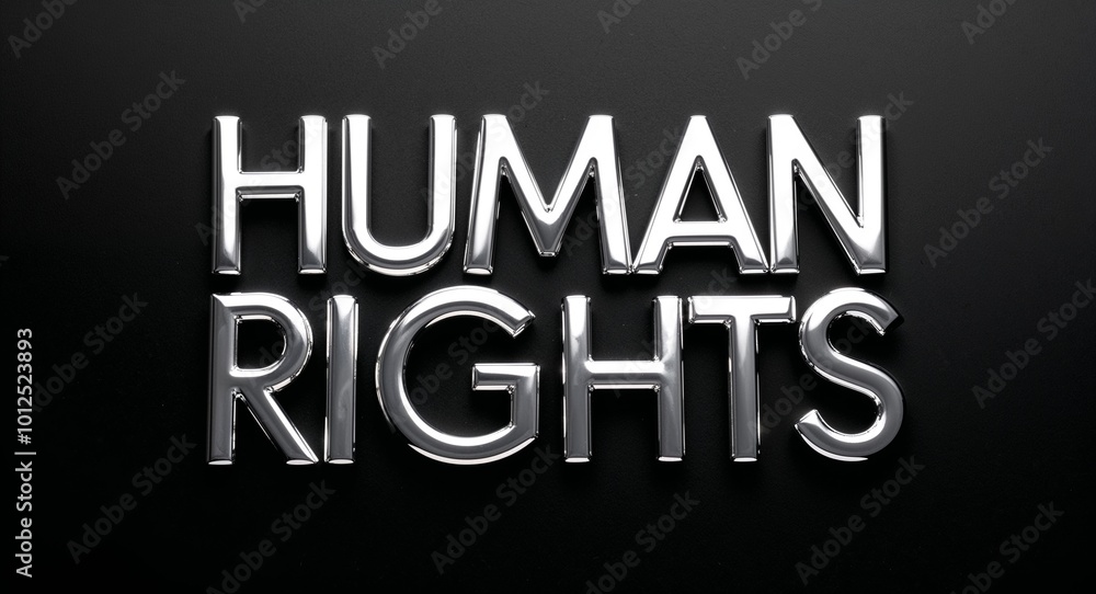 human rights silver shining shiny solid metallic lettering on plain black background human rights silver shining shiny solid metallic lettering on plain black background