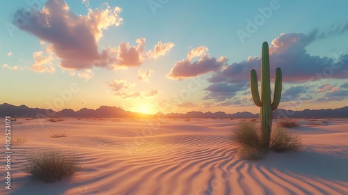 Cactus rose majestically as the twilight sky glows in vibrant orange hues photo