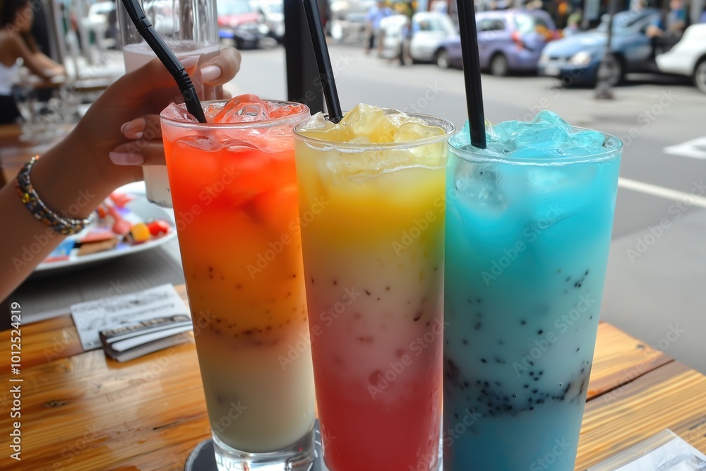 Colorful bubble tea drinks on a wooden table. Colorful bubble tea drinks on a wooden table.