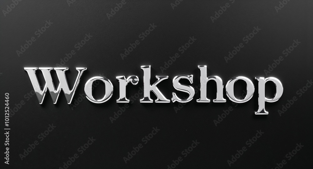 workshop silver shining shiny solid metallic lettering on plain black background workshop silver shining shiny solid metallic lettering on plain black background