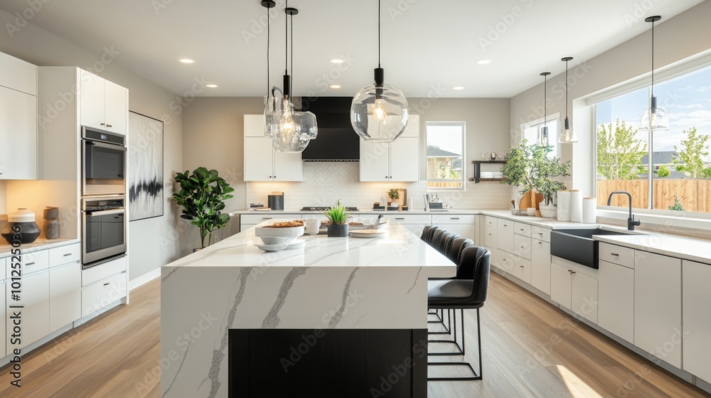 Modern Kitchen with White Cabinets, Island, and Black Sink Modern Kitchen with White Cabinets, Island, and Black Sink