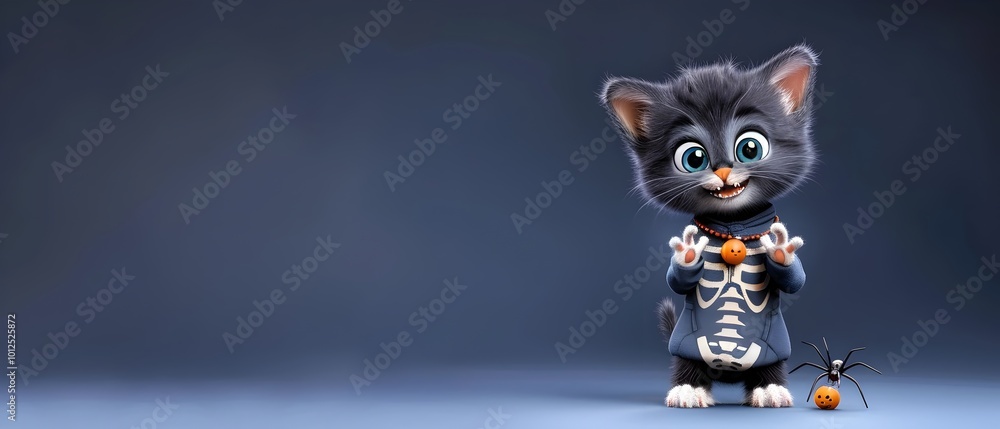 Adorable 3D Rendered Dark Blue Feline in Festive Skeleton Onesie Celebrating Spooky Season Adorable 3D Rendered Dark Blue Feline in Festive Skeleton Onesie Celebrating Spooky Season