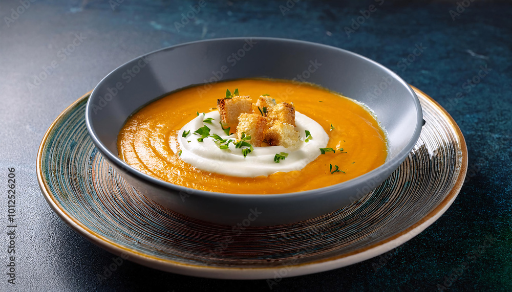 Creamy soup in a bowl topped with croutons and green onions Creamy soup in a bowl topped with croutons and green onions