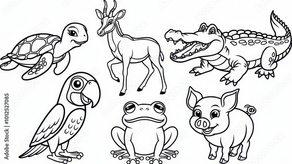 Fototapeta premium A set of six cartoon-style animal characters designed as simple outlines for a children's coloring book. The animals include a sea turtle, antelope, crocodile, large parrot, frog, and piglet. 