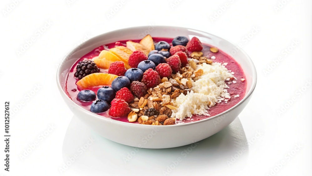 A colorful smoothie bowl topped with fruits, nuts, and coconut. A colorful smoothie bowl topped with fruits, nuts, and coconut.