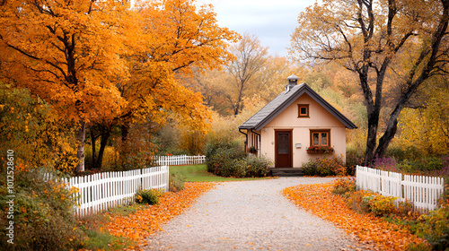 Beautiful autumn scene with a small house at the end of a gravel driveway lined with a white picket fence. The ground is covered in orange fall leaves. photo