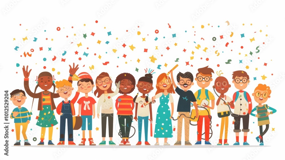Fototapeta premium Cartoon illustration of diverse characters with various disabilities celebrating International Day of Persons with Disabilities on an isolated white background