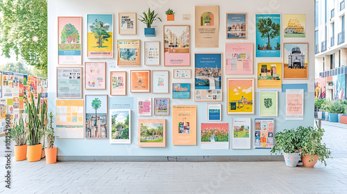 A wall covered with various colorful posters and flyers. The posters display different designs, texts, and images, creating a vibrant and eclectic collage.